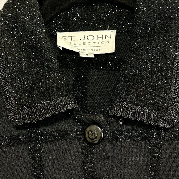 St John Marie Gray Santana Knit Black Metallic Grid Wool Tweed Cardigan Size 8 - Picture 3 of 11
